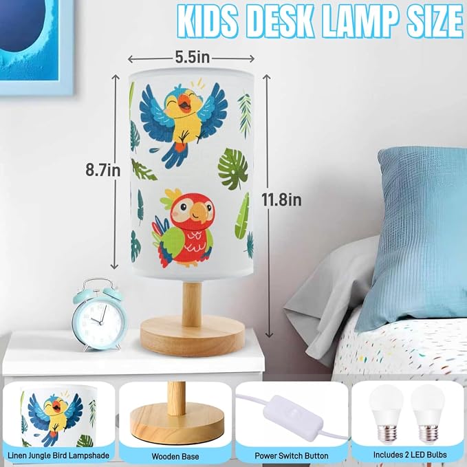 Bird Kids Table Lamp for Bedroom,Kids Bedside Lamps 3 Colors Wooden Base Nightstand Night Light with Cartoon Flaxen Fabric Shade Desk Lamp for Girls Boys Room Nursery Decor,Birds Gifts for Boys Girls