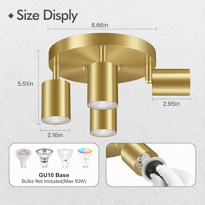 LED 4 Light Track Lighting Kit, LED Track Lighting Fixtures, Gold Round Ceiling Spot Lighting, Flexibly Rotatable Light Head for Kitchen, Living Room, Bedroom, GU10 Bulb Not Included