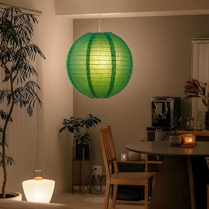 12 Inch Plug-in Paper Lantern Green Pendant Light, Rice Paper Lamp | Japanese Wabi-Sabi Light, 4.5M/15FT Adjustable Cord, E26 Socket, Soft Diffused Light for Bedroom, Dining Room & Cafe Decor