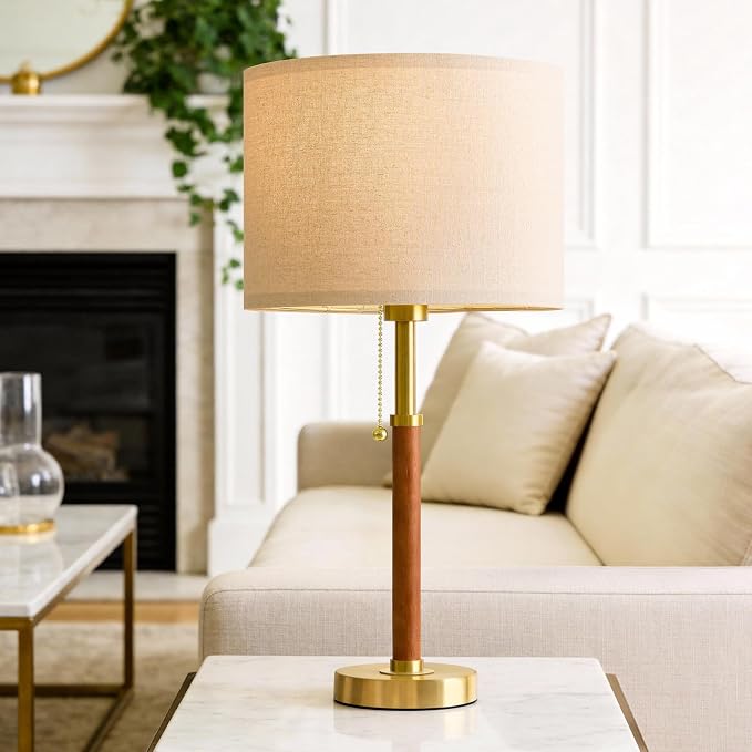 22" Wood Table Lamps Mid Century Modern Lamp for Bedroom Living Room Bedside Lamps for Night Stands Nightstand Lamp with Pull Chain Gold Small Side End Table Lamps Set of 2 Vintage Deco Gifts