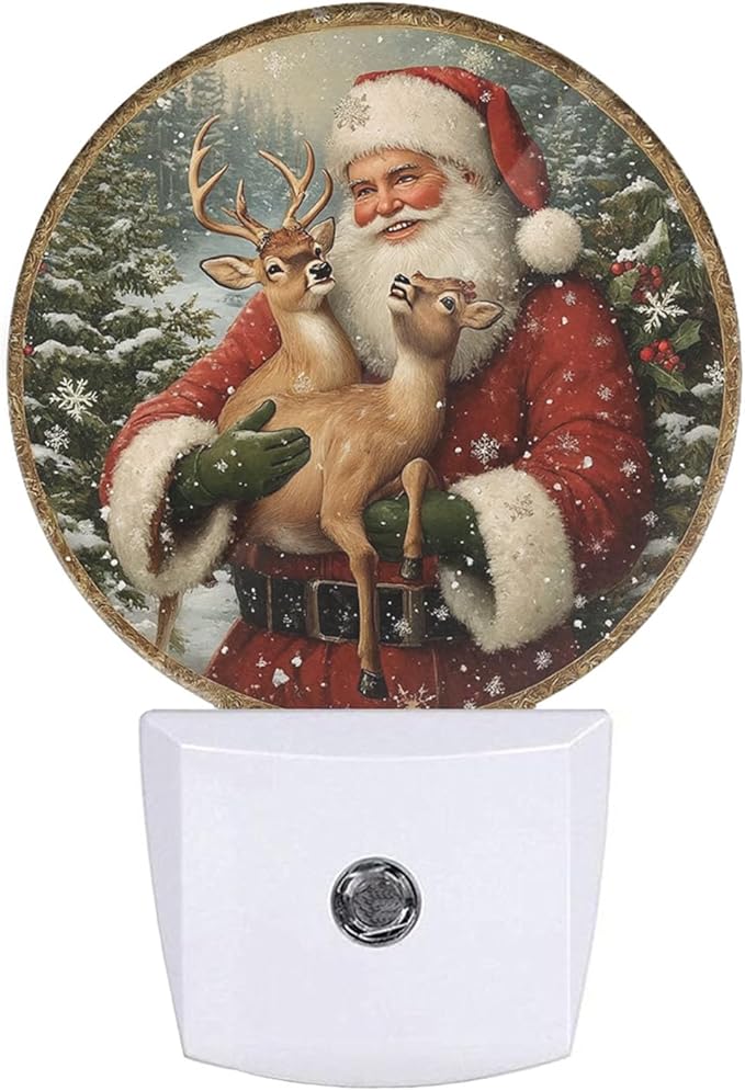 Plug-in Festive Christmas Scene Night Light Santa Claus with Deer Nightlight with Dusk to Dawn Sensor, Auto On/Off 0.5W Energy-Saving LED Lighting for Men Women Boys Girls Gift