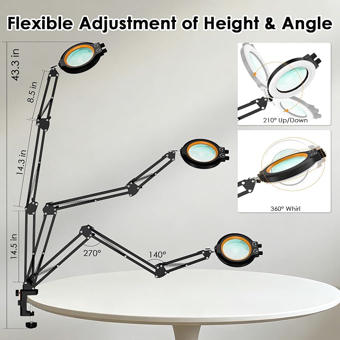 12X Magnifying Glass with Light and Stand Hands Free, Long Swing Arm Lighted Magnifier Lamp for Close Work, Dimmable Desk Magnifying Light with Clamp for Soldering Craft Jewelry Bench Sewing