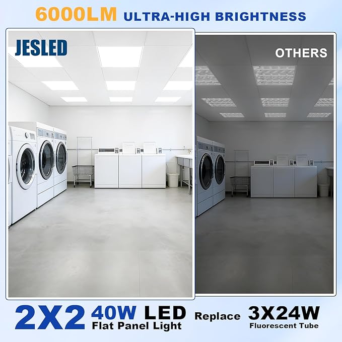 JESLED 12Pack 2x2 led Flat Panel Light, 6000LM, Drop Ceiling Lights Fixture for Office Kitchen Basement Laundry, 15W/20W/25W/30W/40W Selectable, 5CCT Switchable, 0-10V Dimmable, DLC ETL Listed