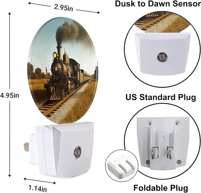 Antique Train LED Night Light Steam Engine Locomotive Train on Railroad Track Plug-in Night Light with Dusk to Dawn Sensor for Bedroom Bathroom Living Room