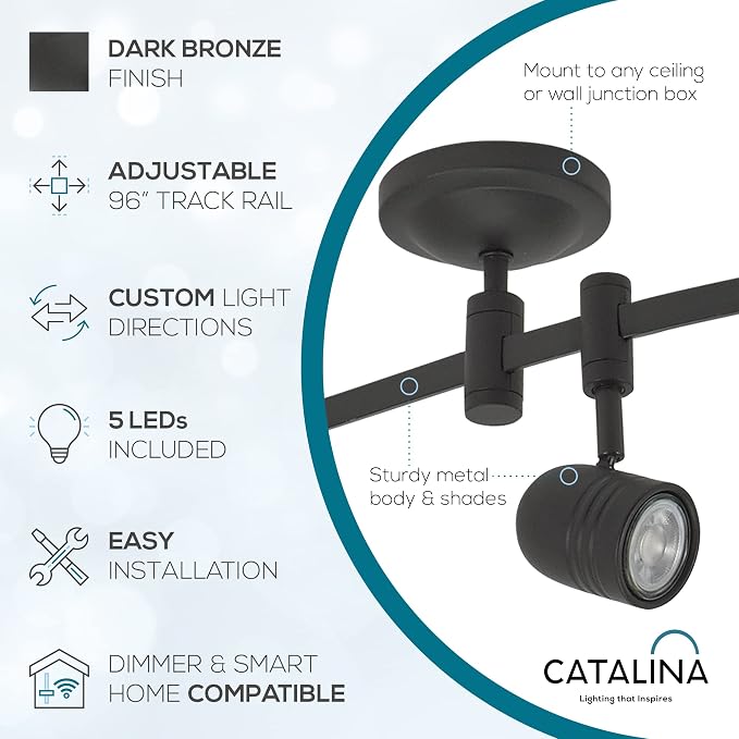 Catalina Lighting 19657-002 Transitional 5-Light Flexible Track Lighting Kit with Metal Shades, LED Bulbs Included, 96", Dark Bronze