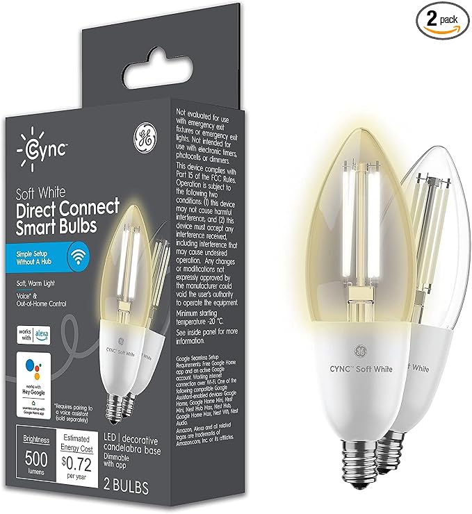 GE CYNC Smart LED Light Bulb, B11 Candle Light Bulb, Works with Amazon Alexa and Google Home, WiFi Light, 60W Equivalent, Soft White, Small Base (Pack of 2)
