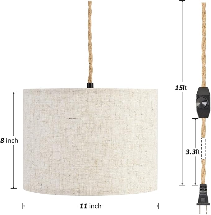 Plug in Pendant Light, Hanging Light with Plug in Cord with Dimmable Switch, Hanging Lamp with 15ft Hemp Rope, Beige Linen Shade, Fixture for Bedroom, Living Room 2 Pack