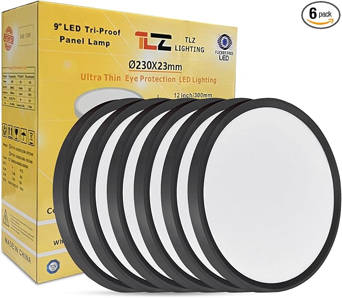 6PK 9 Inch LED Flush Mount Ceiling Light, 18W, 1860LM, 3000K/4000K/6000K CCT Selectable,Super Slim LED Ceiling Light Fixtures, Low Profile Round Flat Panel Light for Bedroom,Kitchen,Hallway,Black