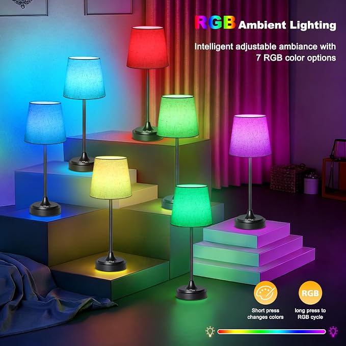 Wowag Cordless Table Lamp Rechargeable,5000mAh Battery Operated Desk Lamp,3 Colors & 7 RGB Stepless Dimmable,Touch Ambient Light for Bedside,Bedroom,Dining Room,Living Room,Black,FlaxenShade