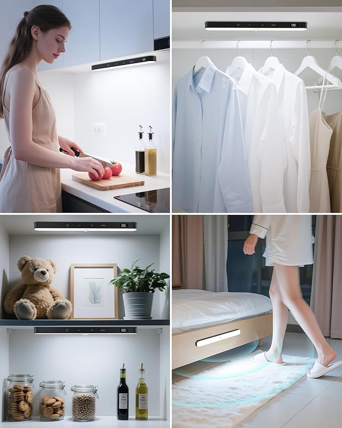 Ferswe Closet Lights Motion Sensored, Battery Level Display, Under Cabinet Lights Rechargeable, Dimmable Touch Control, 60 LED Motion Sensor Cabinet Light for Kitchen, Closet, Shelf(4 Pack)