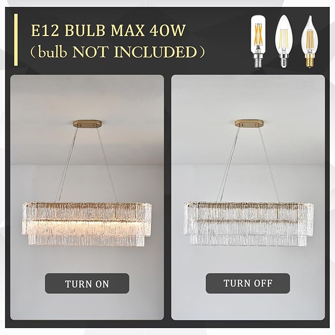 Gold Rectangle Chandeliers for Dining Room Modern Island Light Crystal Glass 6-Light Chandelier Rectangular Linear Pendant Hanging Ceiling Light Fixture for Kitchen L35.5”