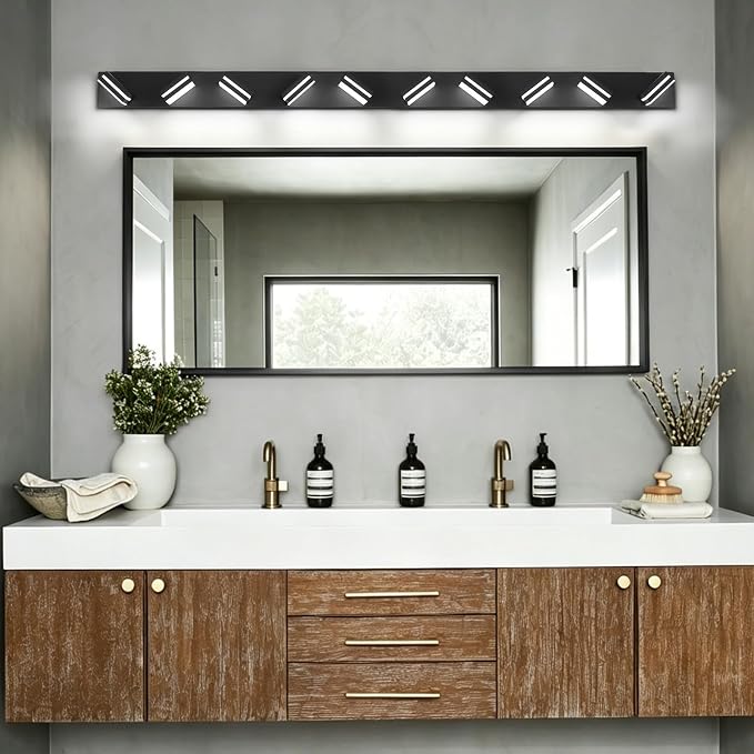 IZORRO LED Modern Bathroom Lights Fixtures(10-Light,Dimmable),Matte Black Acrylic Wall Lighting,Vanity Lights for Bathroom Over Mirror - 6000k 46In （No Assembly Required）