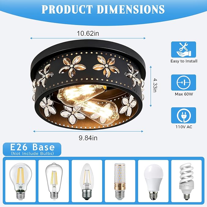 10.6 Inch Black Flush Mount Ceiling Light Fixture, 2 Pack | 2-Light, Flower, Farmhouse, Kitchen, Dining Room, Bedroom, Living Room, Foyer, Entryway