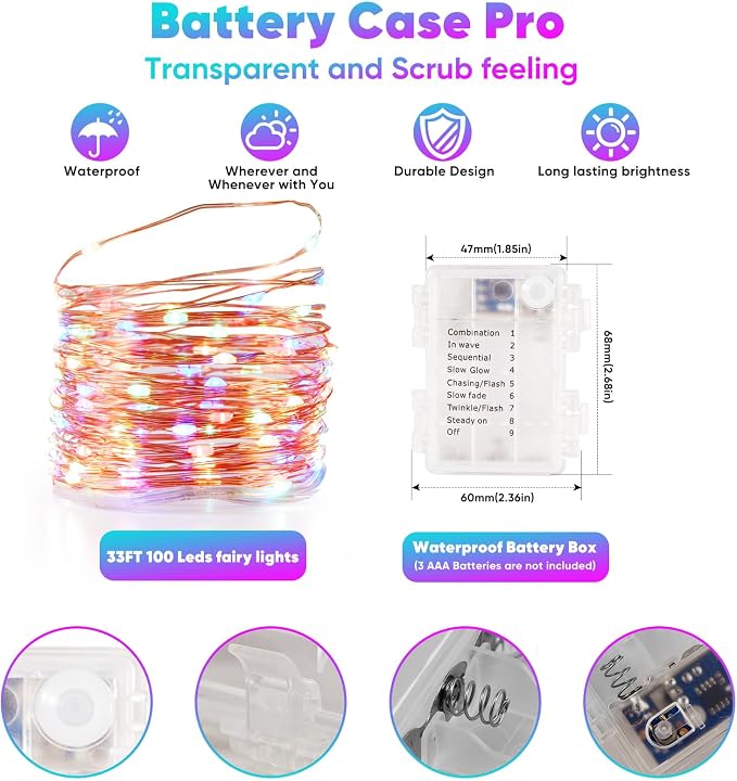 Ariceleo 2 Pack 32.8 Ft. Battery Operated Outdoor String Lights with Remote & Timer, LED Multi Color Fairy Lights, Waterproof Twinkle Lights for Bedroom, Dorm, Mason Jar, Wedding, Party, Christmas