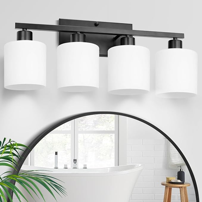 SILAMPDI 4-Light Bathroom Vanity Light Fixtures Over Mirror Matte Black | Modern Milky White Frosted Glass Shades, Anti-Rust Finished, Wall Sconce for Bedroom Restroom, E26 Socket, Easy Installation