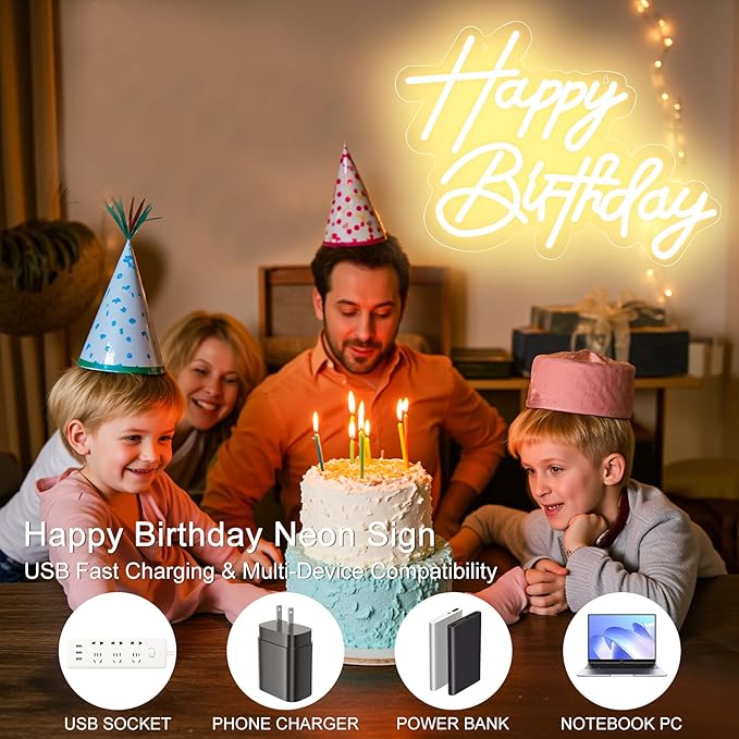 Happy Birthday Neon Sign for Wall Decor, USB Powered LED Neon Sign with Dimmable Brightness, Ideal for All Ages Birthday Parties and Celebrations, With 2 Pcs Birthday Cards (17×12 Inch)
