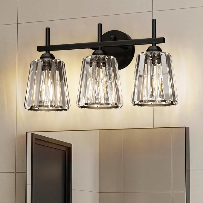 Crystal Bathroom Light Fixtures Over Mirror, Black 3-Light Bathroom Vanity Lights Over Mirror Modern Wall Lighting Sconces with Ceramic E26 Base (Bulbs Not Include)