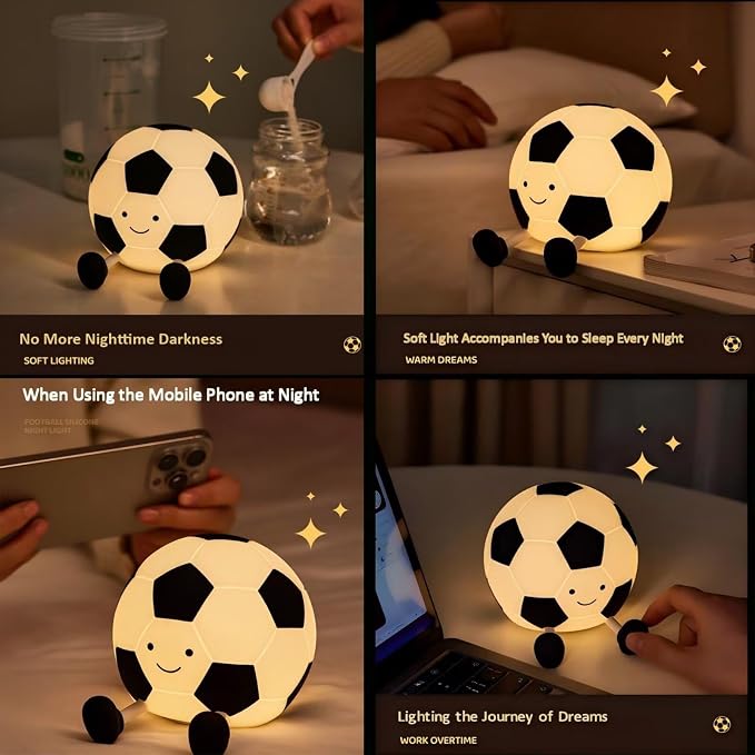 Cute Soccer Ball Night Light for Kids, Soft Silicone Cartoon Football Lamp, Rechargeable Bedside Nightlight with Timer Dimmable Nursery Light for Bedroom Sports Themed Room Decor, Gift for Soccer Fans