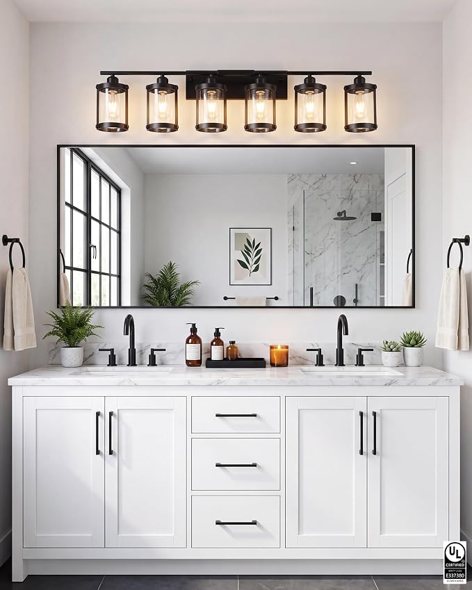 6-Light Matte Black Bathroom Light Fixtures Over Mirror with Clear Glass and Metal Cage Shade, 42" UL-Listed Modern Farmhouse Wall Sconce for Bath, Hardwire E26, OS-3014BK-6W
