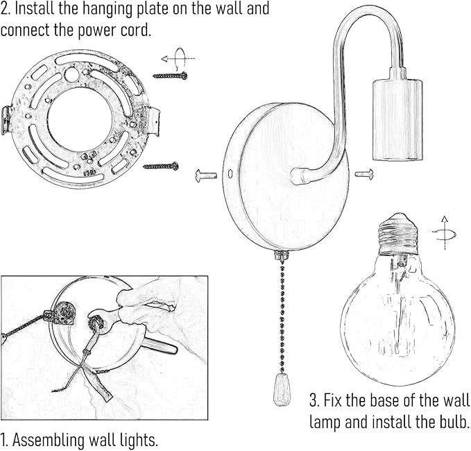 Hardwired Pull Chain Wall Sconce White, 1-Light Wall Light Fixture with On Off Switch, Small Vintage Metal Wall Lamp Indoor for Bedroom Kitchen, Bulb Not Included