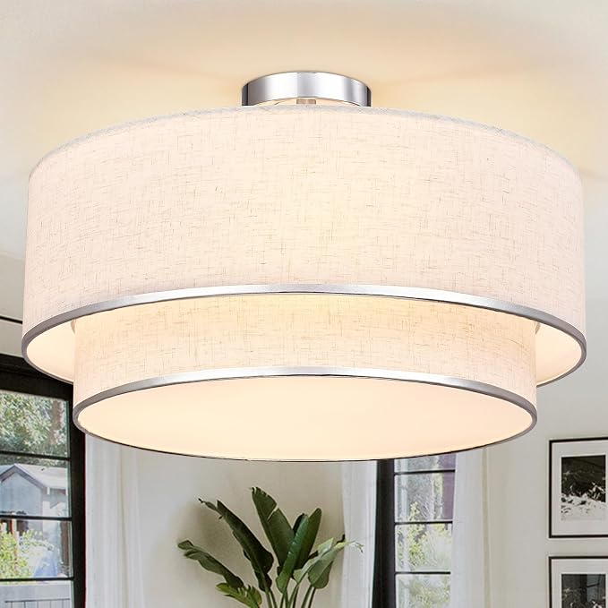 Hamilyeah 20 Inch Semi Flush Mount Ceiling Light, Dual Drum Fabric Shade Ceiling Light Fixture with Silver Metal Trim, Modern Ceiling Lamp for Bedroom, Living Room, Dining Room, Kitchen, Hallway