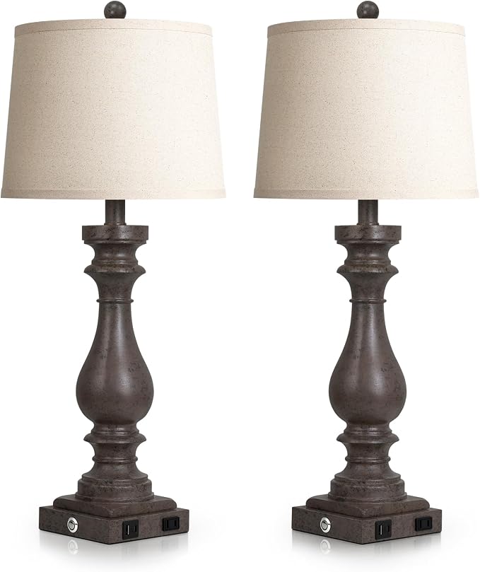 29" Tall Farmhouse Table Lamp for Living Room Set of 2,Vintage Retro Nightstand Lamps with USB C+A Ports & AC Outlet,3-Way Dimmable Touch Bedside Lamp for Bedroom End Table,Earthy Tone