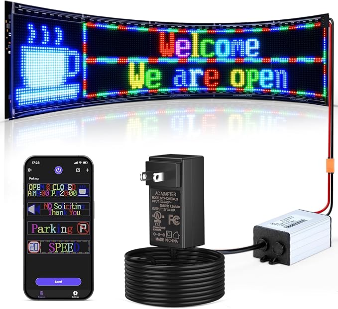 31”×8” Programmable LED Sign, 24V/2A Ultra Bright Full Color Bluetooth APP Control, Custom Text Pattern Animation Scrolling LED Digital Sign for Store Office Retail