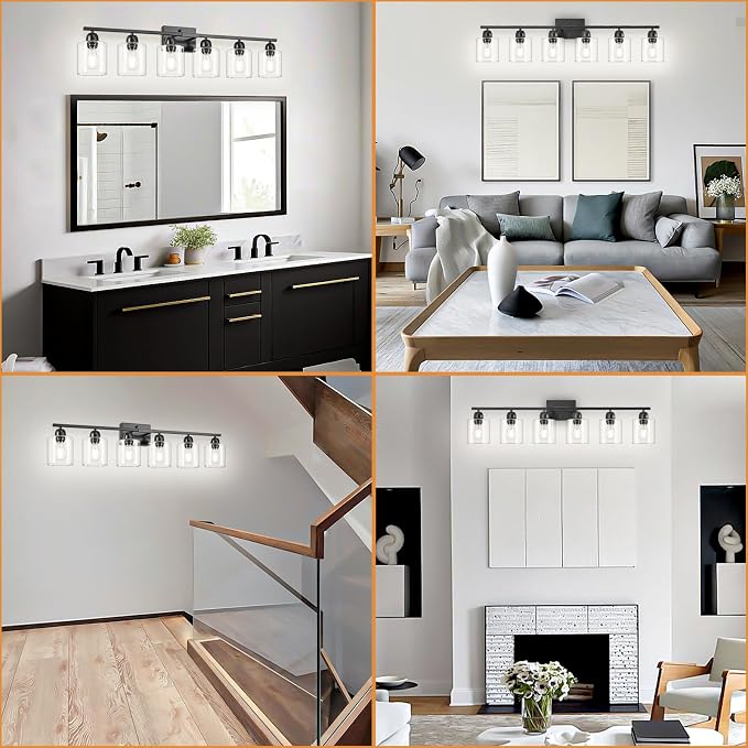 Black 6-Light Bath Vanity Lights for Mirror, Restroom Lights Fixtures with with Clear Glass Shades,Bathroom Over Sink Light Fixtures, Bathroom Light Fixtures Over Mirror