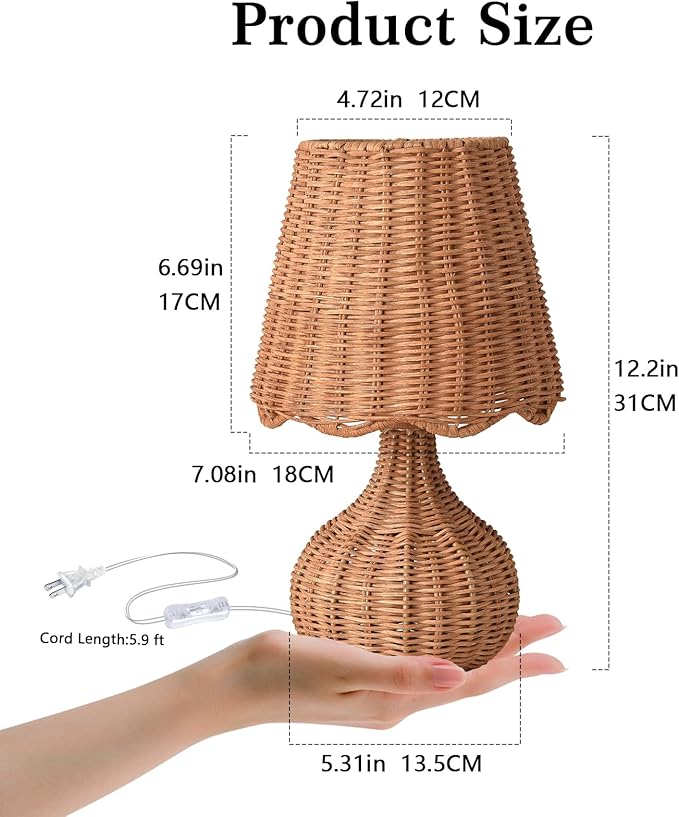 Ziqqeelam Rattan Table Lamp for Bedroom, Boho Small Table Lamps for Bedside, Farmhouse Mini Small Table Lamps for Small Spaces for Kitchen Counter, Bookshelf, Nightstand, Bedroom, Kids Dorm