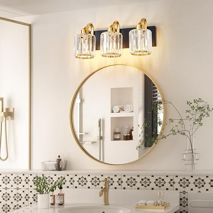 Modern Crystal Bathroom Vanity Lights, Black and Gold 3-Lights Bathroom Light Fixtures Over Mirror, Crystal Wall Lighting for for Mirror Bedroom Living Room (Exclude Bulb)