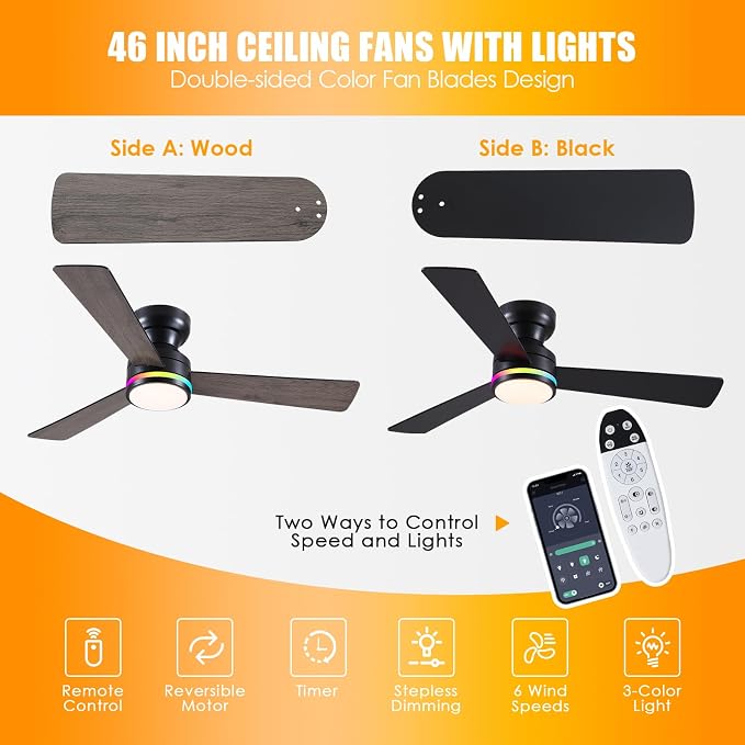 46" 3-Blade Black Low Profile RGB Ceiling Fan with Light and Remote/APP | 11 RGB Modes,Reversible 6 Wind Speeds,Dimmable 3 CCT LED, 25W Quiet DC Motor,Timer,3 Double-Sided Blades,for Bedroom Party