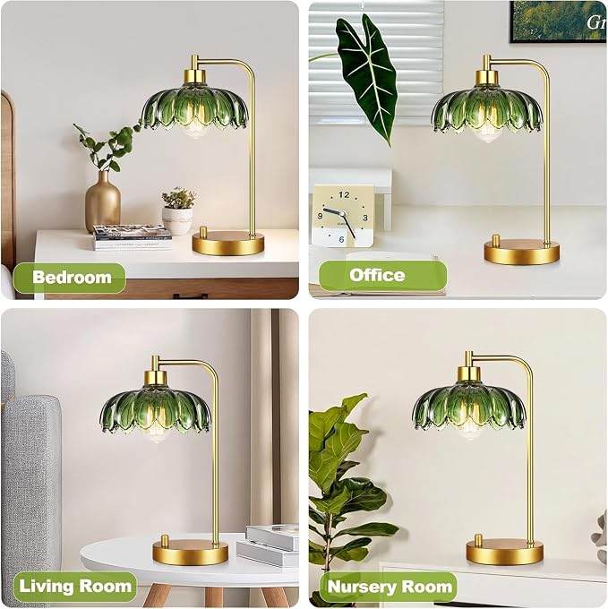 ILLMTW Glass Table Lamp Set of 2,Small Gold Bedside Lamps Dimmable Boho Bedroom Lamp with Tulip Flower Green Lamp Shade,Vintage Mid Century Modern Mini Nightstand Lamp for Bedroom Living Room