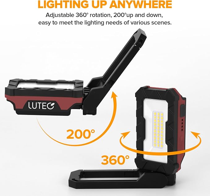 LUTEC Rechargeable Work Light, 1000 Lumens LED Magnetic Light with Magnetic Base and Hanging Hook，360°Rotate and 200°Swivel for Car Repair, Emergency and Camping (Red)
