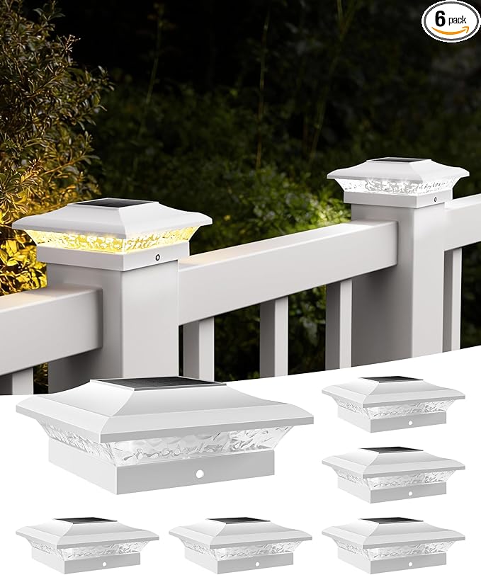 T-SUN 4x4 Post Cap Lights 6 Pack for Vinyl/Wooden Fence,Outdoor Waterproof Warm & Cool White, Deck Solar Post Lights for Patio Garden Yard Lighting