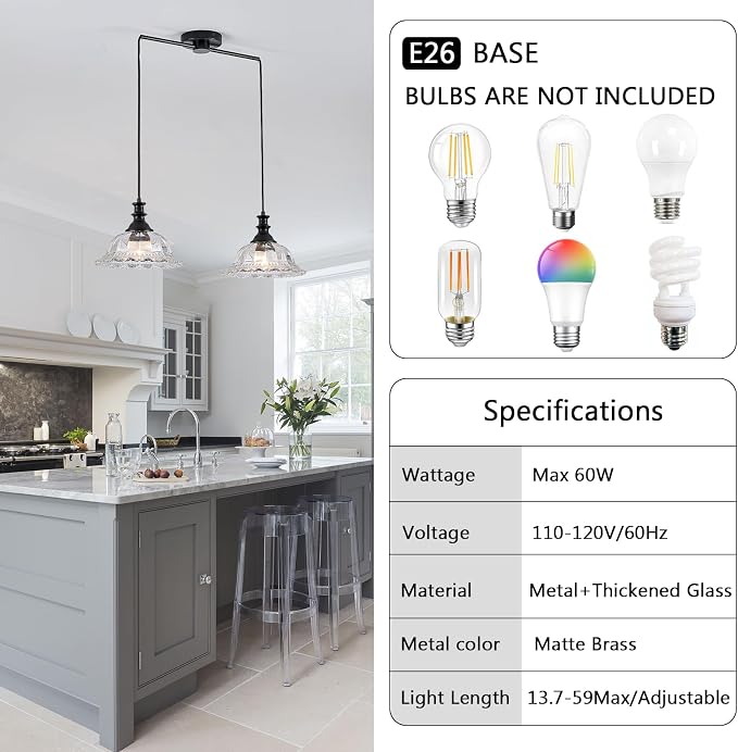 HDDFL 2 Light Pendant Light Fixtures Modern Glass Hanging Lights with Adjustable Cord for Kitchen Island Dining Room Living Room Hallway Black and Clear