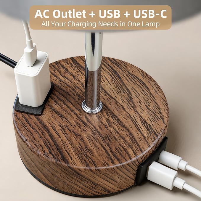 Table Lamp for Nightstand, High-Sensitivity Touch, 3-Level Dimmable Bedside Lamp with AC Outlet | USB | and USB-C, Ideal Night Stand Lamp for Bedroom (1, Grey&Walnut)