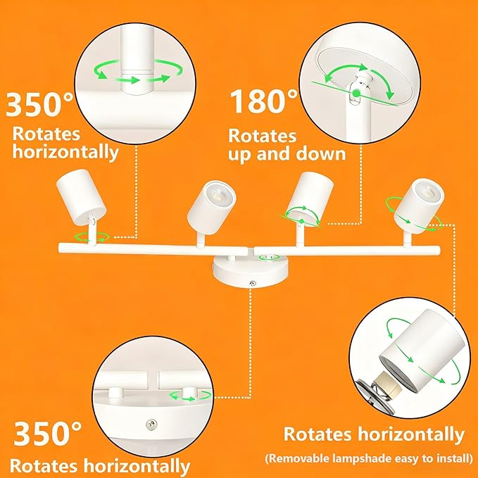 Plug in Track Lighting Kit, 80cm LED 4 Light Kitchen Track Lighting, Corded Wall Light with 16.4ft Cord, 4 Way Ceiling Spot Lighting Flexibly Rotatable Head Includes 4 x GU10 Bulb (4-White-80cm)