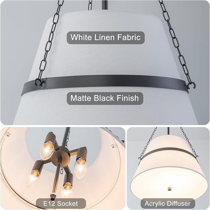 15.35" Black Drum Chandelier, White Linen Pendant Light for Kitchen Island | Modern Transitional, 4-Light, 3 Side Chains, for Dining Room, Breakfast Nook, Home Office, Adjustable Heigh 15.35"W x 28.35"H