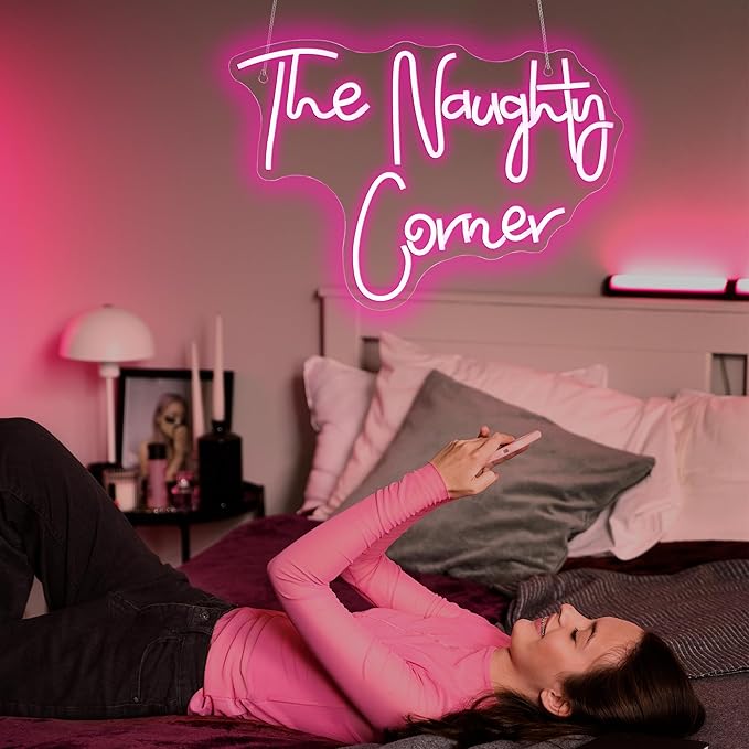 Neon Sign, JGHTURIE The Naughty Corner Neon Signs for Wall Decor, Pink LED Light Up Sign for Room Party Office Business Bar Signs for Man Cave Decor, USB Powered