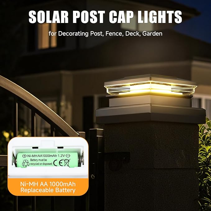 Solar Post Cap Lights, Fence Post Solar Lights 8 Pack, Waterproof Outdoor Post Lights with 2 Color Modes, for Garden Deck Patio, 4x4 5x5 6x6 Wooden/Vinyl Posts