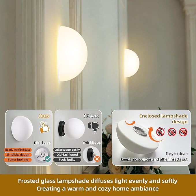 Globe Milk Glass Wall Sconce - Small 7 Inch Modern Half Moon Light Fixtures | Mid Century Art Deco Indoor Lighting, For Bedroom Bathroom Vanity Mirror Living Room Hallway Kitchen Bedside Mount Lamp 3000k