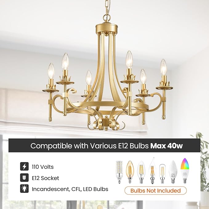 Modern Gold Candle Chandelier, 6-Light Farmhouse Chandeliers for Dining Room Lighting Fixtures Hanging, Dining Light Fixtures Iron Metal Pendant Light Fixture for Bedroom Living Room Kitchen Foyer