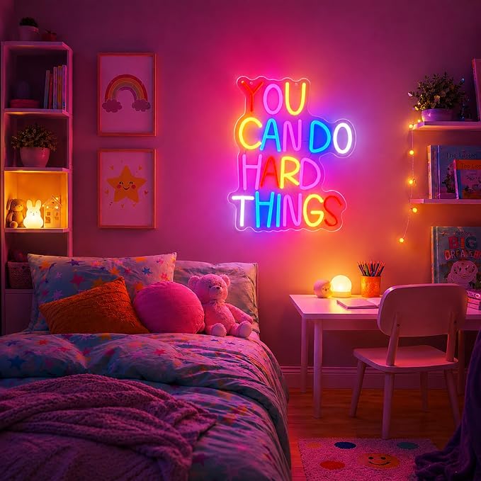 You Can Do Hard Things Neon Sign for Wall Decor Positive Inspirational Neon Light USB Dimmable Classroom Office Library LED Light Up Sign for Bedroom Birthday Party Classroom Decoration