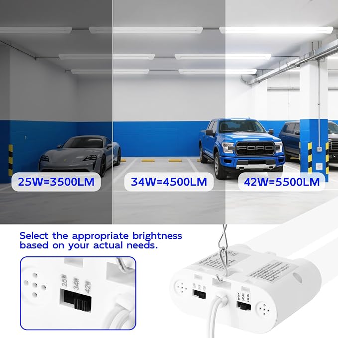 hykolity LED Shop Lights 4FT with Power Cord,5500LM,3 Power Level&3CCT | Shop Light 4000/5000/6500K Tunable,25/34/42W Switchable,Linkable Hanging/Surface Mount Shop Lights for Workshop,Garage,4 Pack