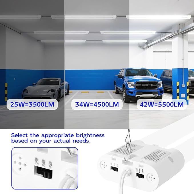 hykolity LED Shop Lights 4FT with Power Cord,5500LM,3 Power Level&3CCT | Shop Light 4000/5000/6500K Tunable,25/34/42W Switchable,Linkable Hanging/Surface Mount Shop Lights for Workshop,Garage,2 Pack