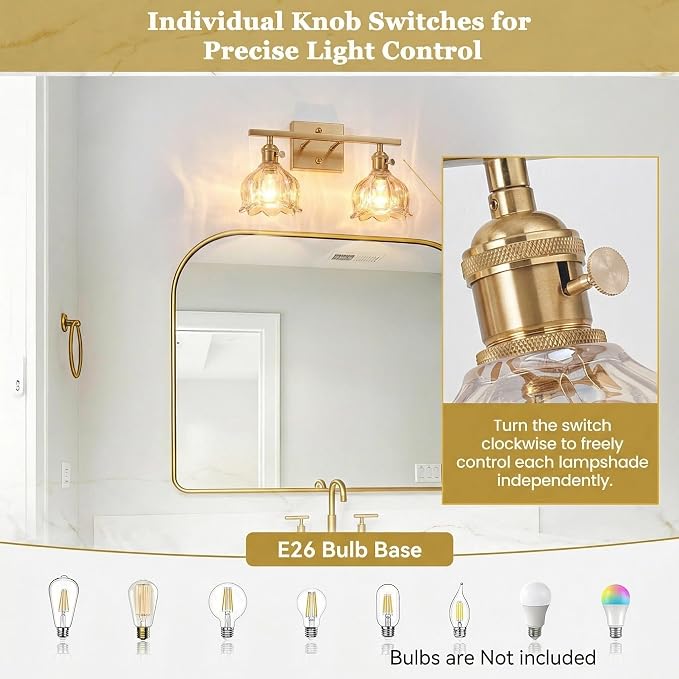 2-Light Amber Tulip Glass Vanity Light, Brushed Gold Vintage Bathroom Wall Sconce, 14.5" Antique Brass Wall Lamp for Mirror, Powder Room, Bedroom (Individual Rotary Switches, Bulbs Not Included)