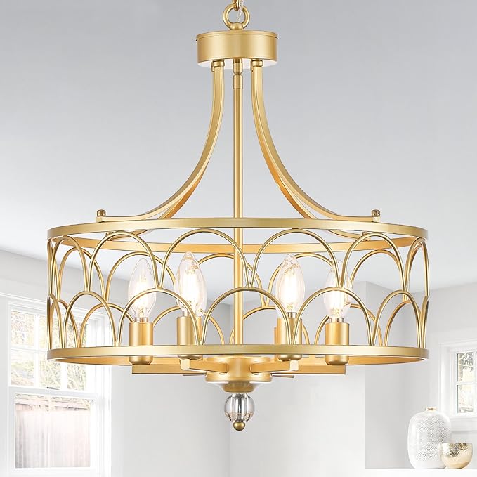 6-Light Gold Chandelier,18.1in Farmhouse Lantern Pendant Light Fixture,Adjustable Hanging Ceiling Lamp with E12 Socket,for Kitchen Island,Bedroom,Entryway,Dining Room