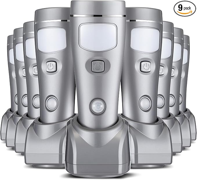 Enhon 9 Pack 4 in 1 LED Emergency Lights for Home Power Failure,Silver | Rechargeable plug-in flashlight, motion sensor night light, auto turn-on during blackout, hurricane supplies