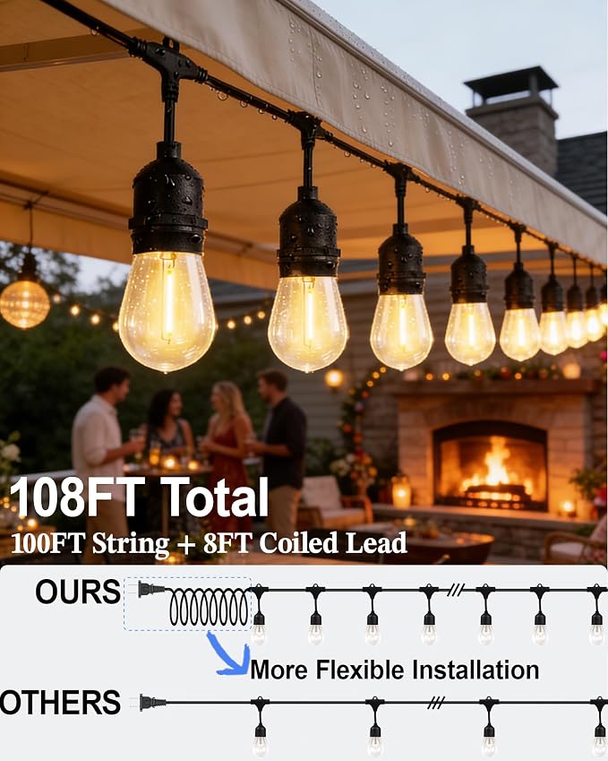 Gmnee 100FT Outdoor String Lights for Patio, Balcony & Porch – 64 LED Edison Bulbs (1.6FT Spacing), Dimmable Heavy-Duty Patio Lights for Backyard, Gazebo, Bistro, Party and Garden Decor (Plug in)