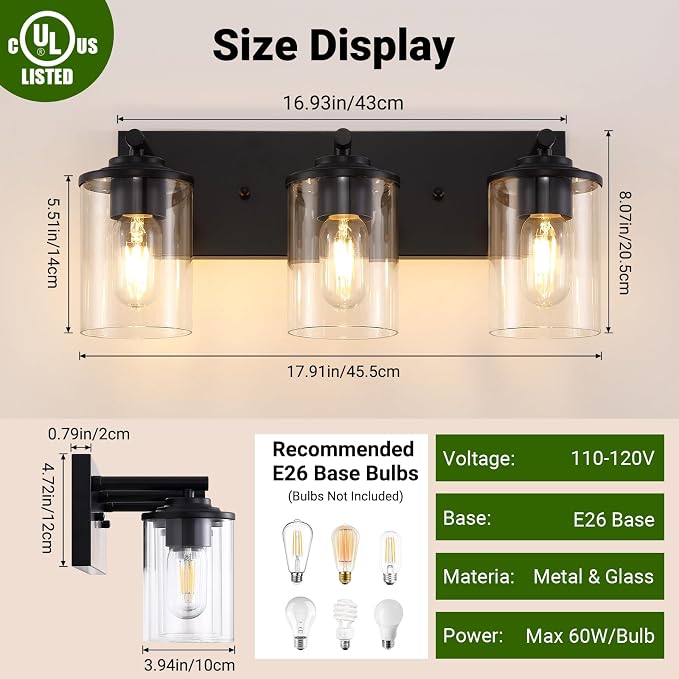 3-Light Bathroom Light Fixtures, Matte Black Bathroom Vanity Lighting Over Mirror with Clear Glass Shades, Modern Vanity Lights for Bath Wall Sconces Lamp for Powder Room, Bedroom, Hallway